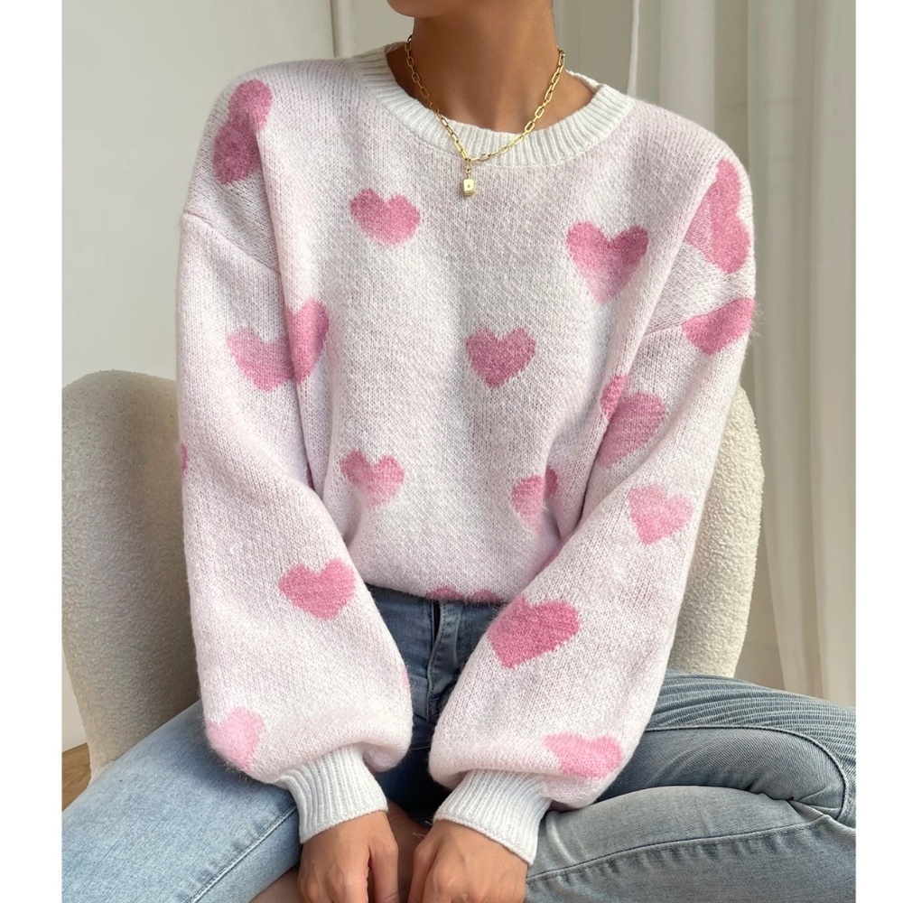 Pink Ombre Hearts Print Knit Sweater Pullover Long Sleeve